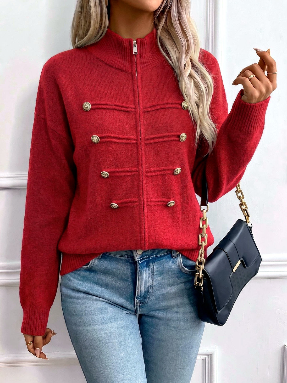 Women's Knit Stand-Collar Zip-Front Cardigan in Red - product view