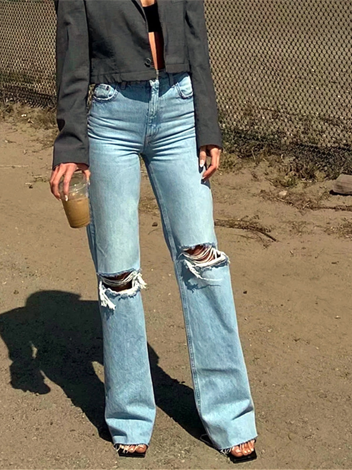 Women's Ripped Wide Leg Flare Jeans, Washed Distressed Denim Pants with Relaxed Streetwear Fit