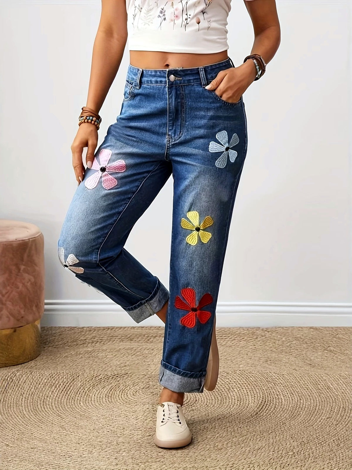 Women's Embroidered Straight Jeans, High Waist Stretch Denim Pants with Rolled Cropped Hem