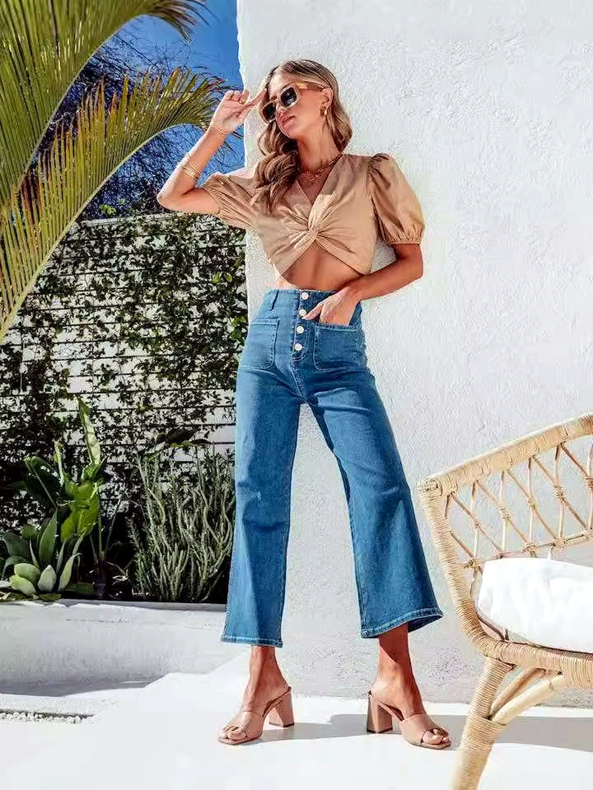 Women's Denim High-Waist Wide-Leg Vintage-Inspired Straight-Leg Button-Front Pocket Relaxed-Fit Jeans - product detail view 5