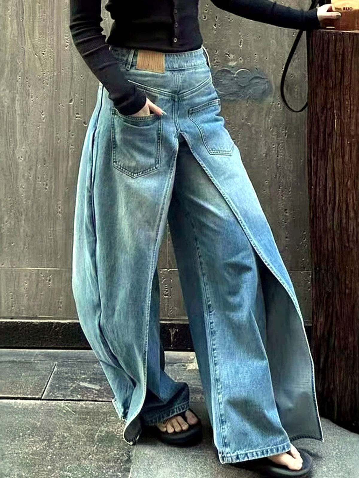 Women's Denim Patchwork Stretch High-Waist Wide-Leg Jeans - product detail view 8
