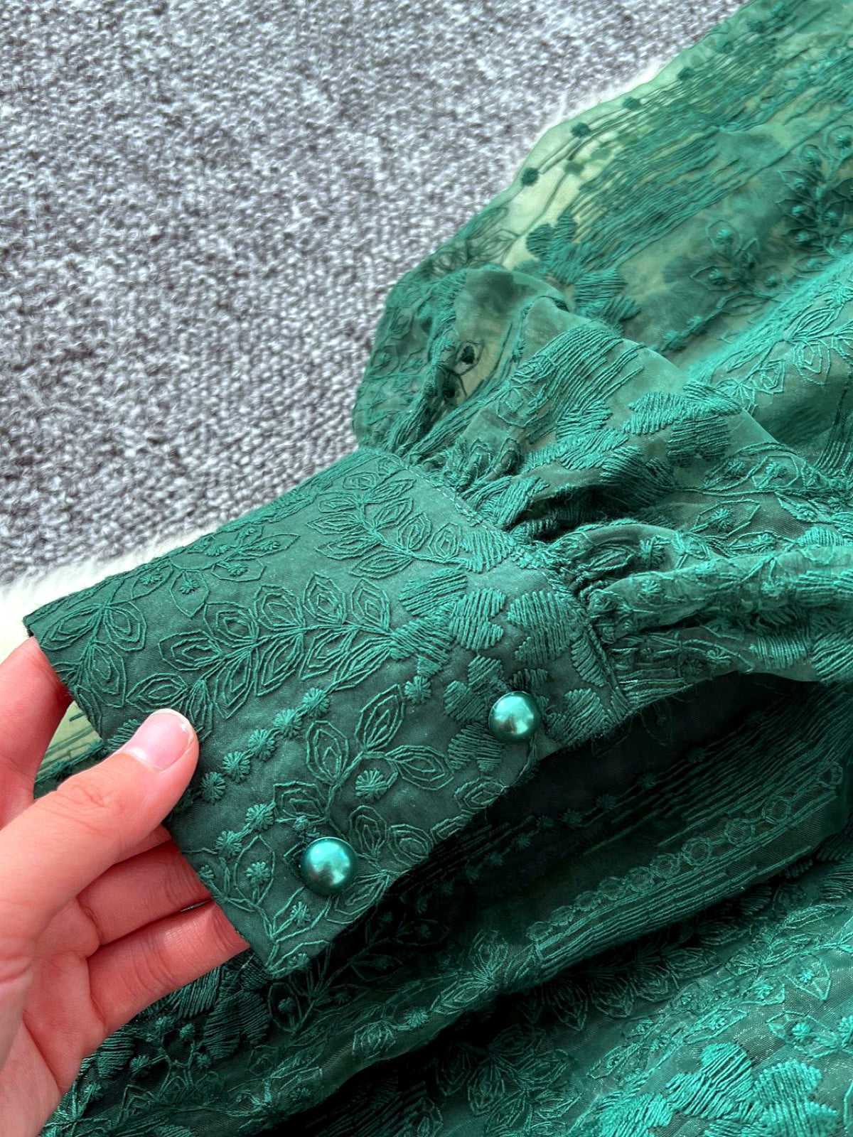Women's Solid-Color V-Neck Lace-Trim Long-Sleeve Puff-Sleeve Dress - product detail view 3
