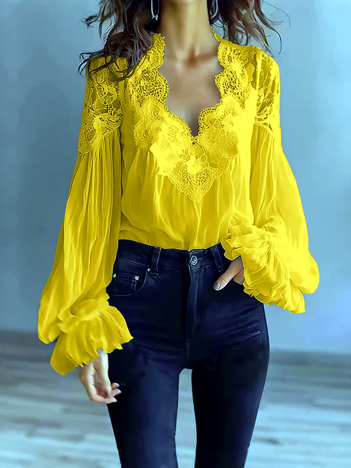 Women's Lace-Trim Patchwork Shirt in Yellow - product view