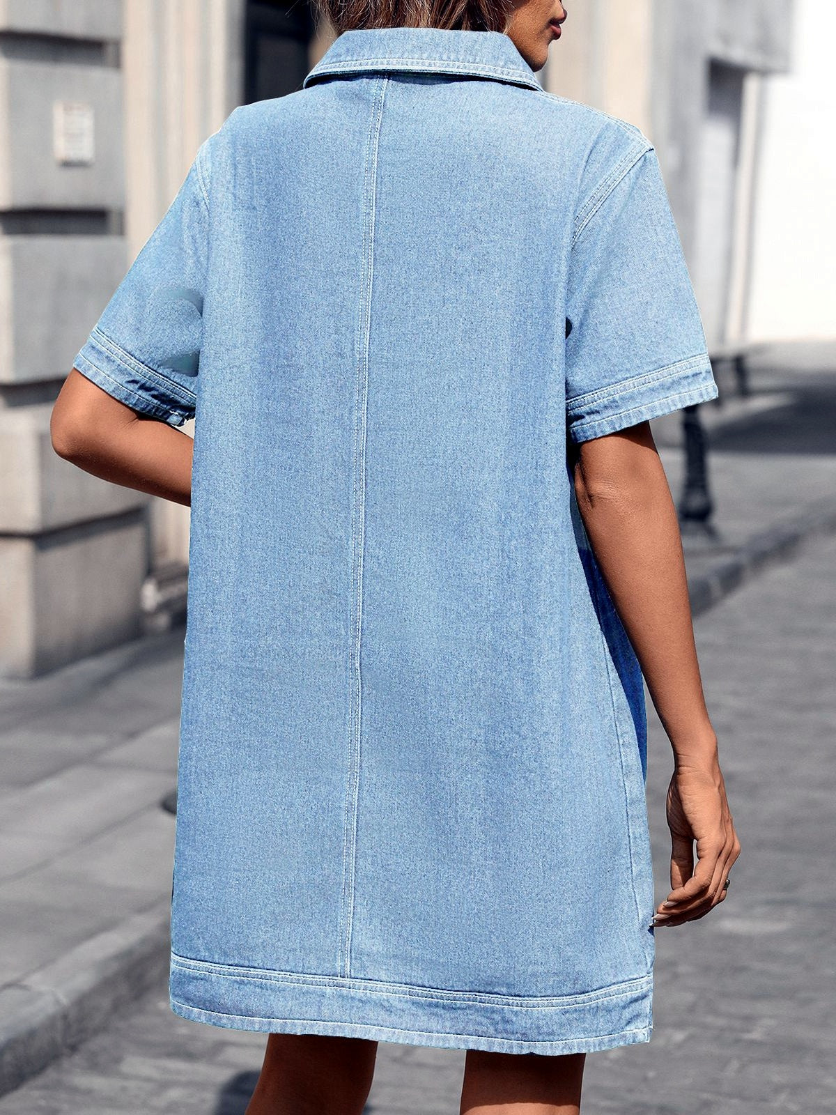 Women's Short Sleeve Denim Shirt Dress, Loose Straight Jean Dress with Collared Button Front