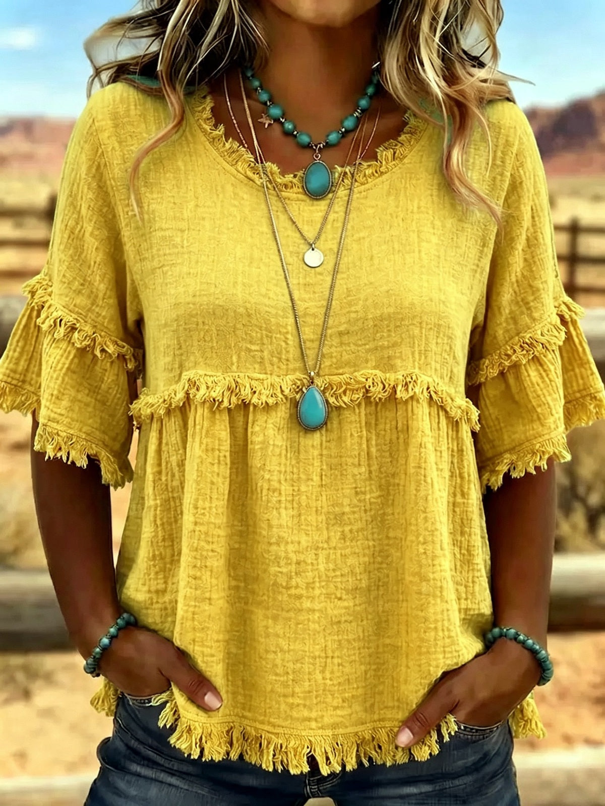 Women's Textured Fringe Short Sleeve Top, Round Neck Casual Summer Blouse