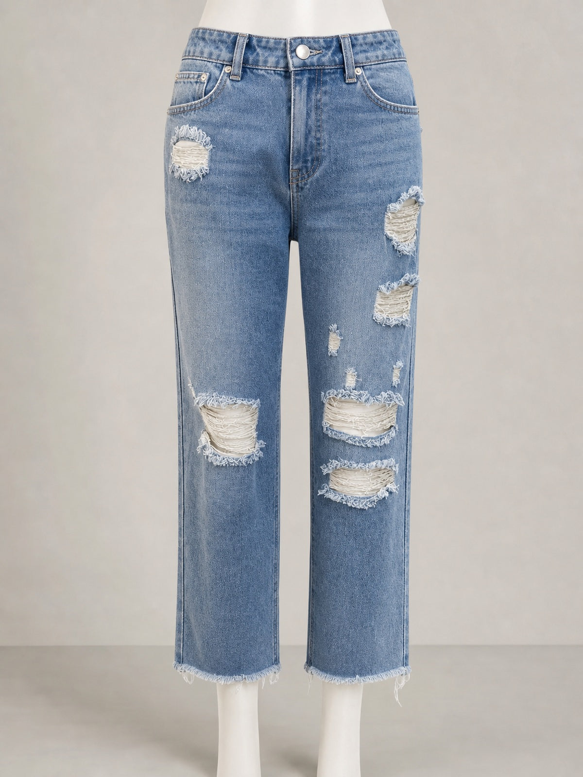 Women's Ripped Straight Leg Cropped Jeans, Washed Denim Pants with Frayed Hem Casual Fit
