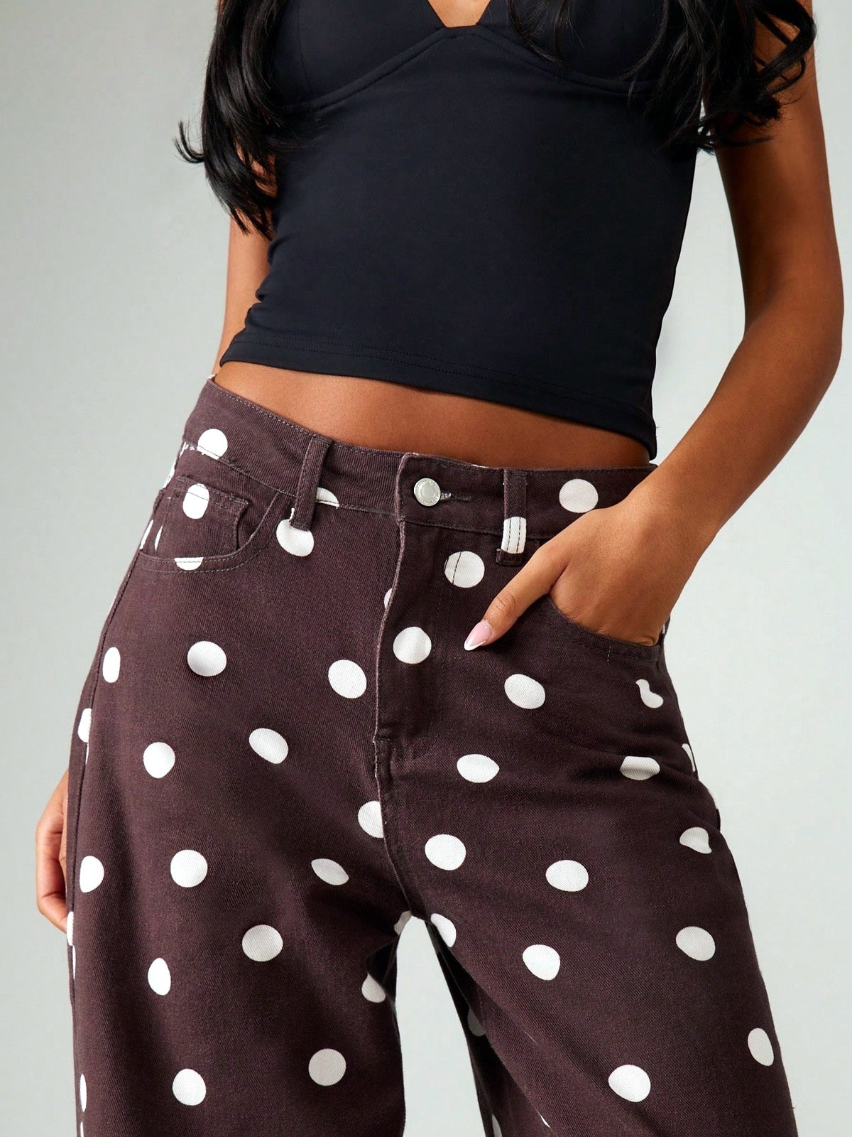 Women's High Waist Printed Wide Leg Jeans, Polka Dot Straight Denim Pants