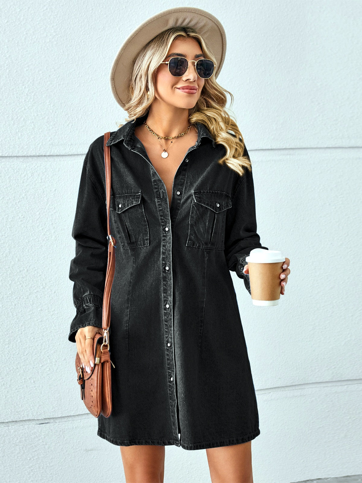 Women's Washed Denim Shirt Dress, Long Sleeve Loose Button Front Jean Tunic Dress with Pockets