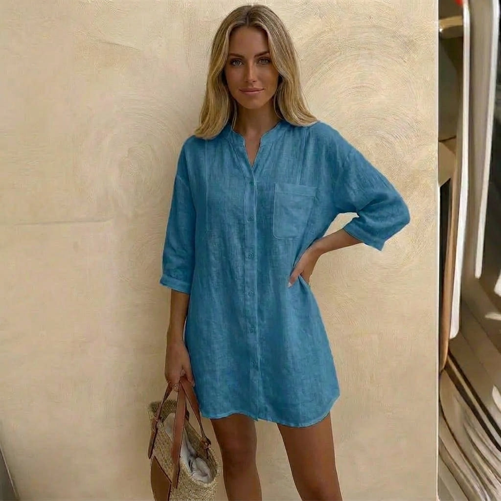 Casual Loose-Fit Half Sleeve Button-Down | Breathable Linen-Blend Top with Pocket