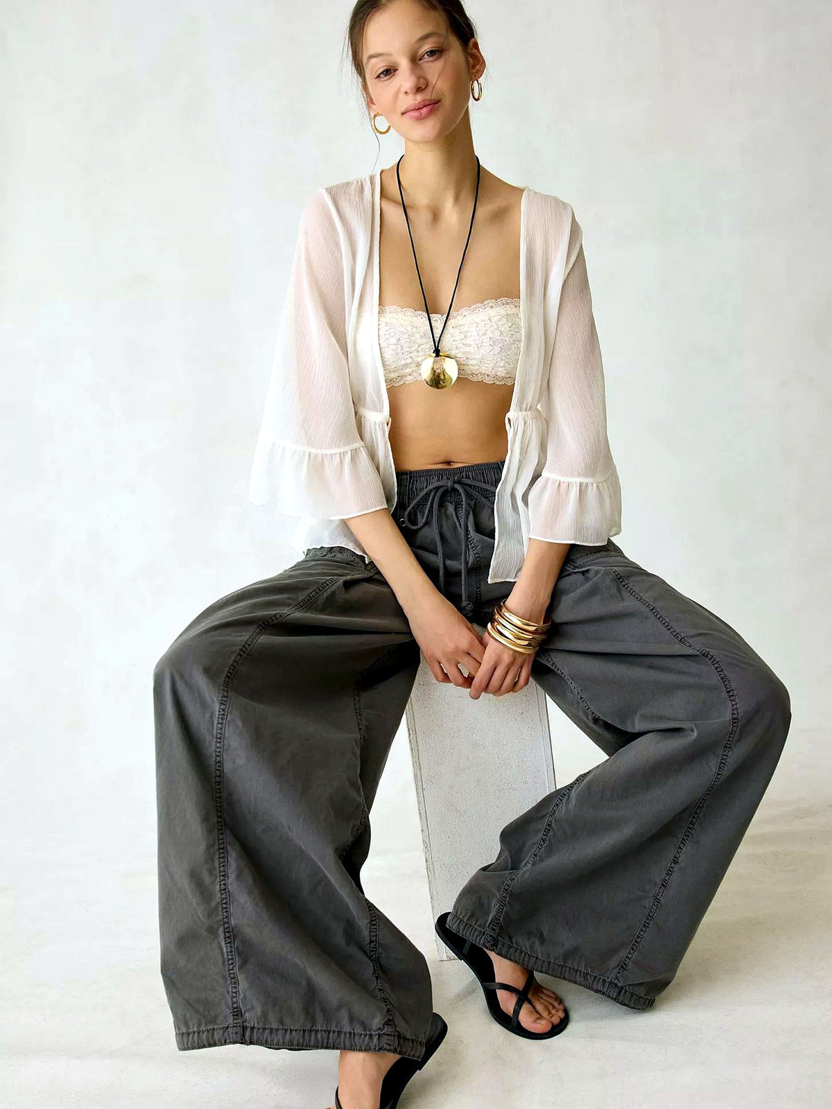 Women's Elastic Waist Wide Leg Pants Loose Casual Fall Winter Trousers - product detail view 7