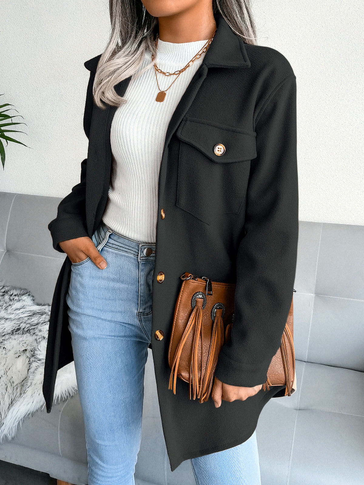 Women's Long Sleeve Open Front Blazer Cardigan Solid Color Casual Woven-Panel Straight-Leg Button-Front Point-Collar Pocket