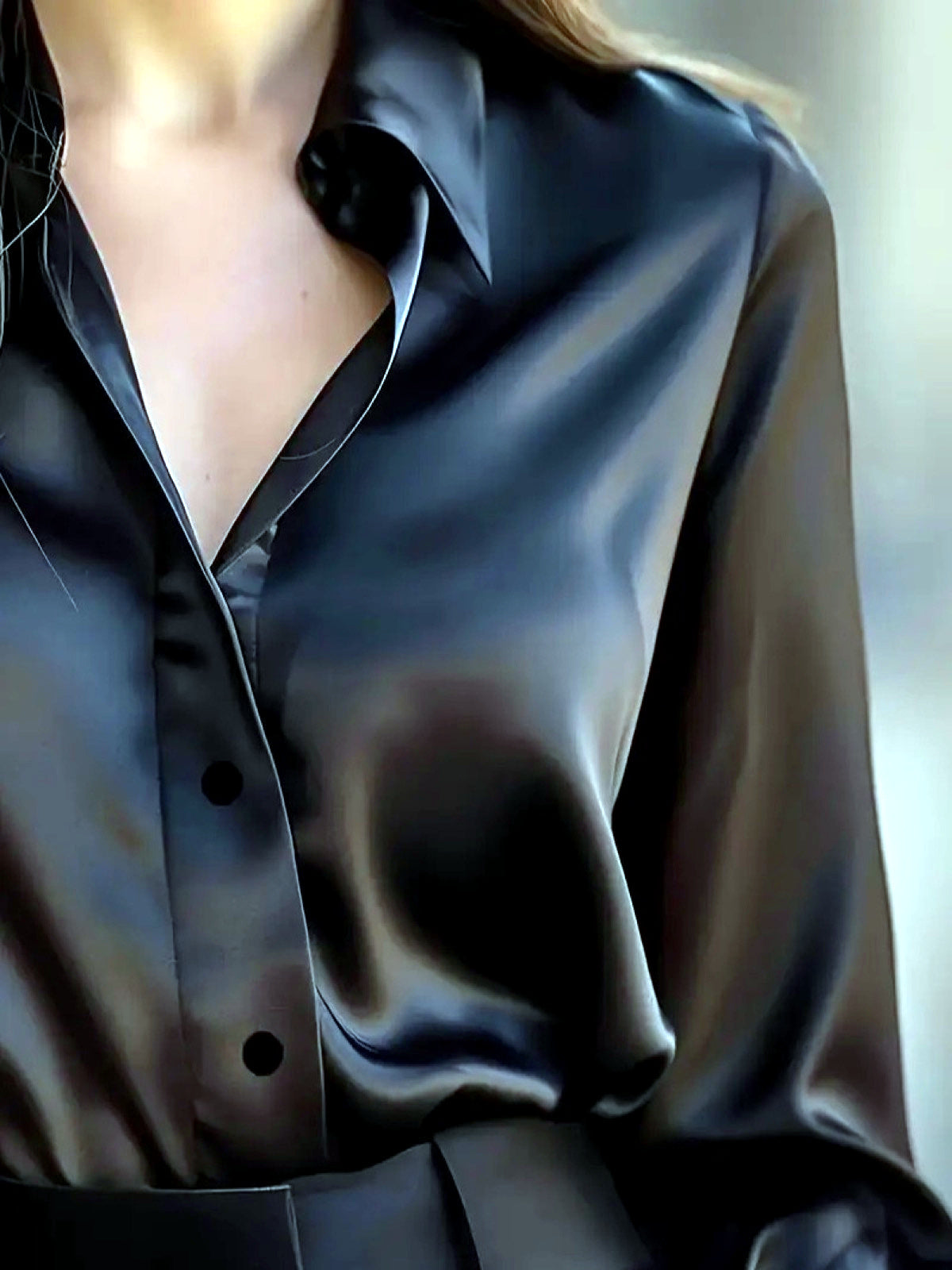 Women's Solid-Color V-Neck Patchwork Button-Front Long-Sleeve Shirt - product detail view 6
