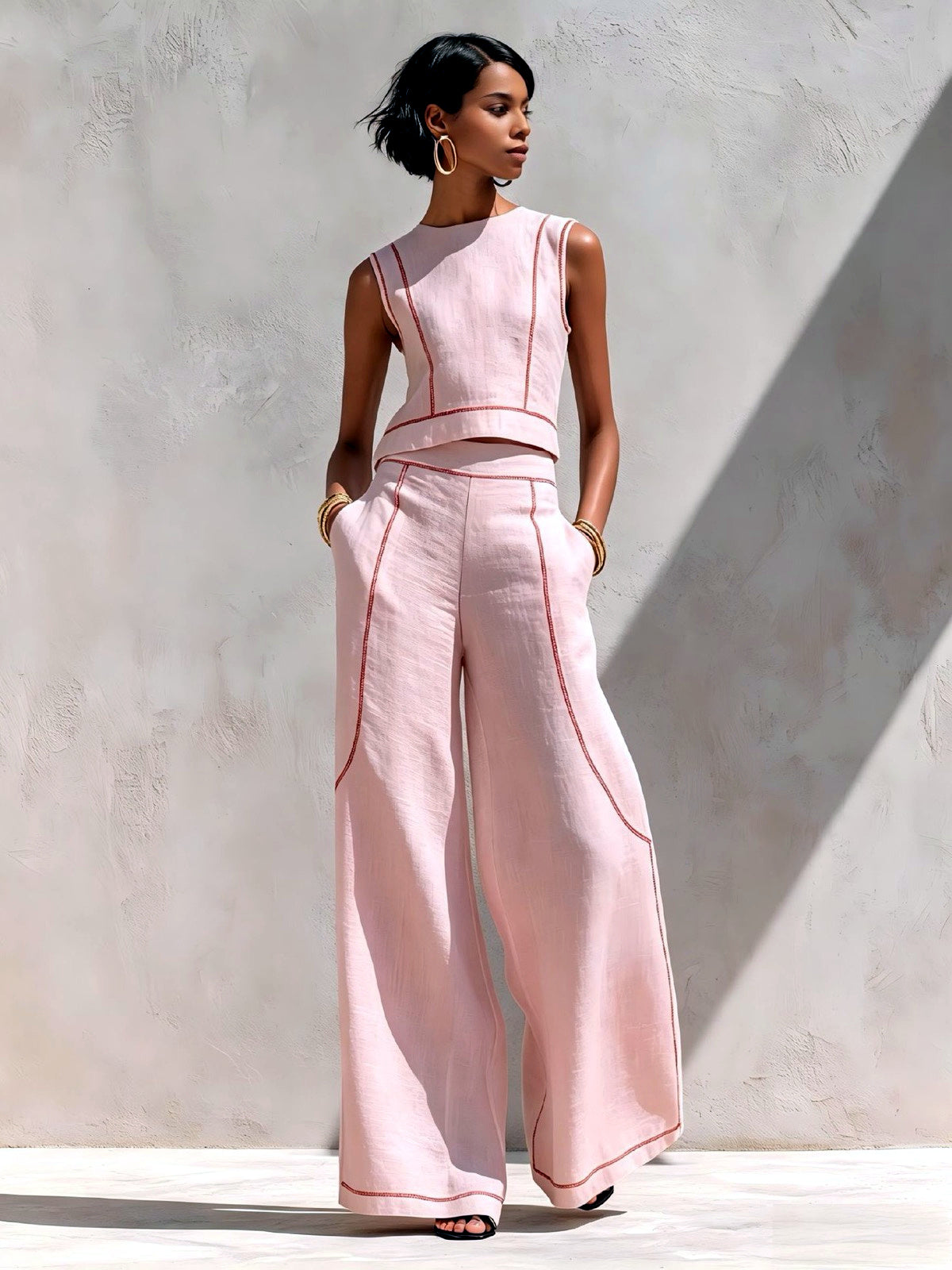 Women's Colorblock Sleeveless Wide-Leg Top & Pants Set in Red - product view