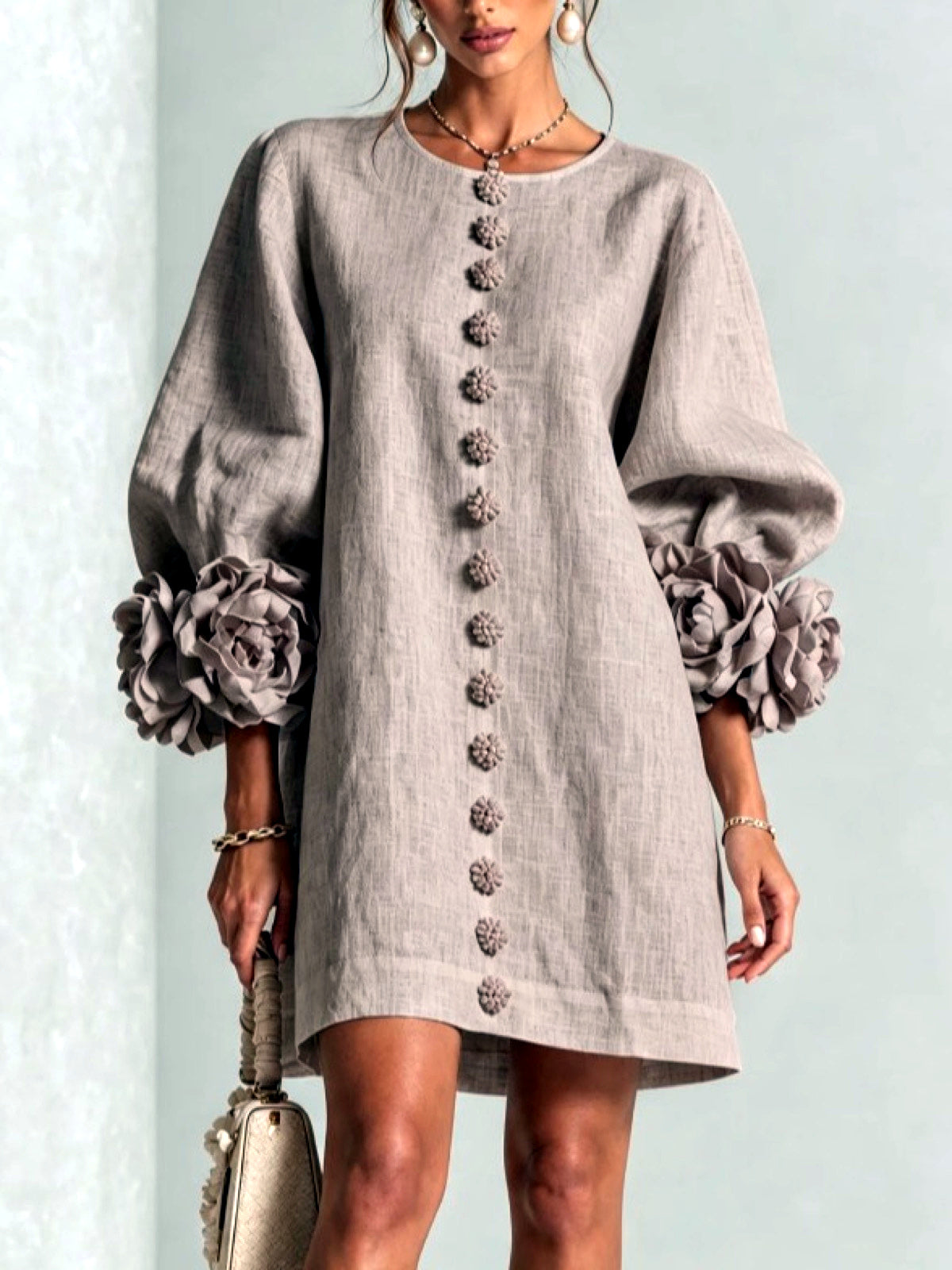 Women's Solid-Color Crew-Neck Button-Front Pullover Relaxed-Fit Dress in Gray - product view