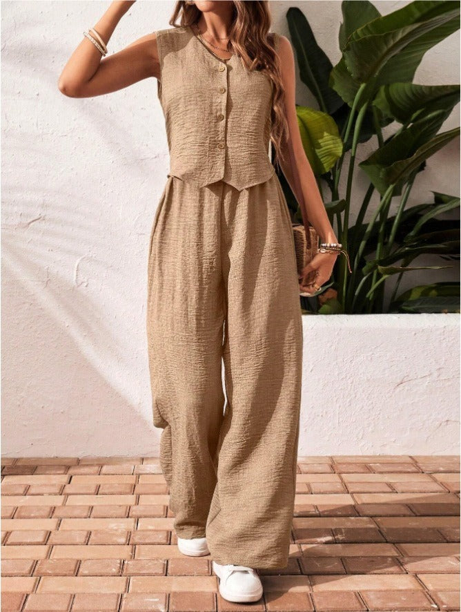Ensemble deux pièces d'été PromiseGift | Gilet col V et pantalon palazzo taille haute vert sauge