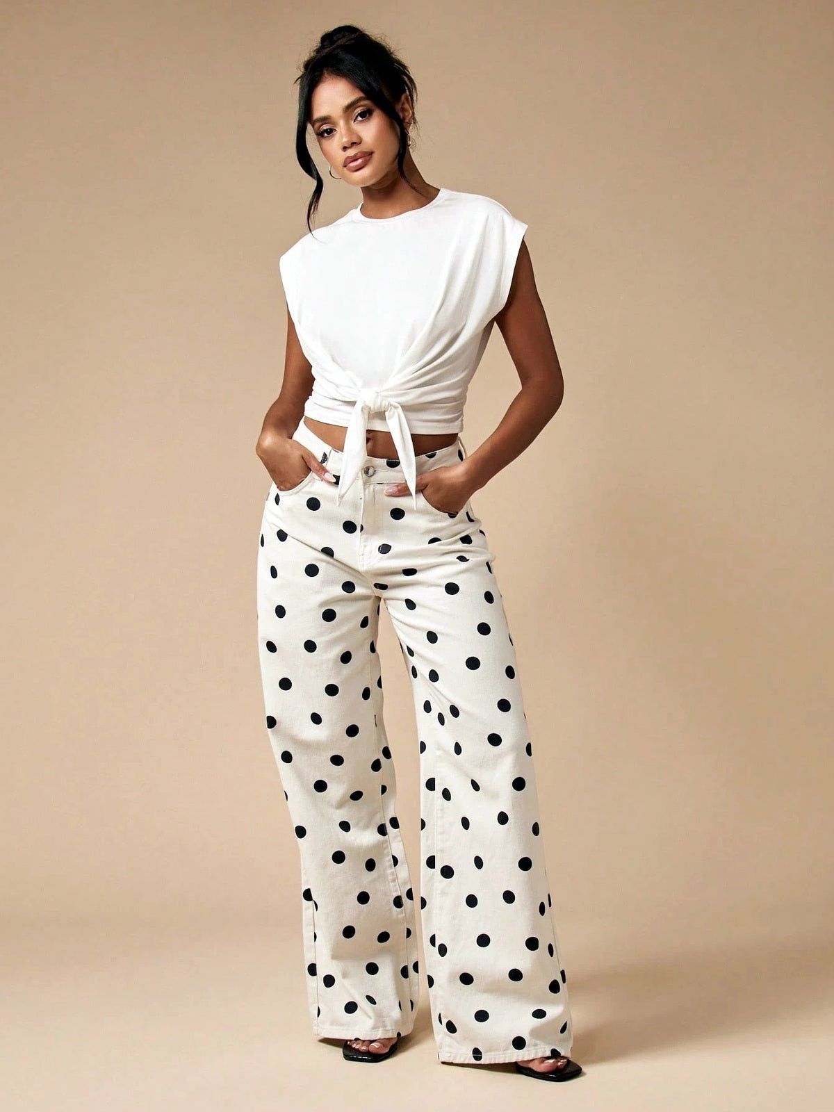 Women's High Waist Printed Wide Leg Jeans, Polka Dot Straight Denim Pants