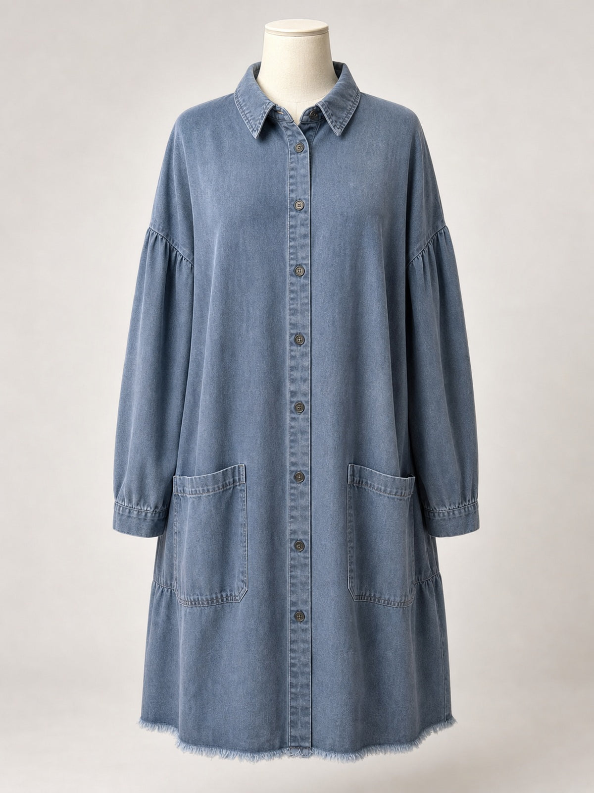 Women's Washed Denim Shirt Dress, Long Sleeve Loose Raw Hem Midi Jean Dress