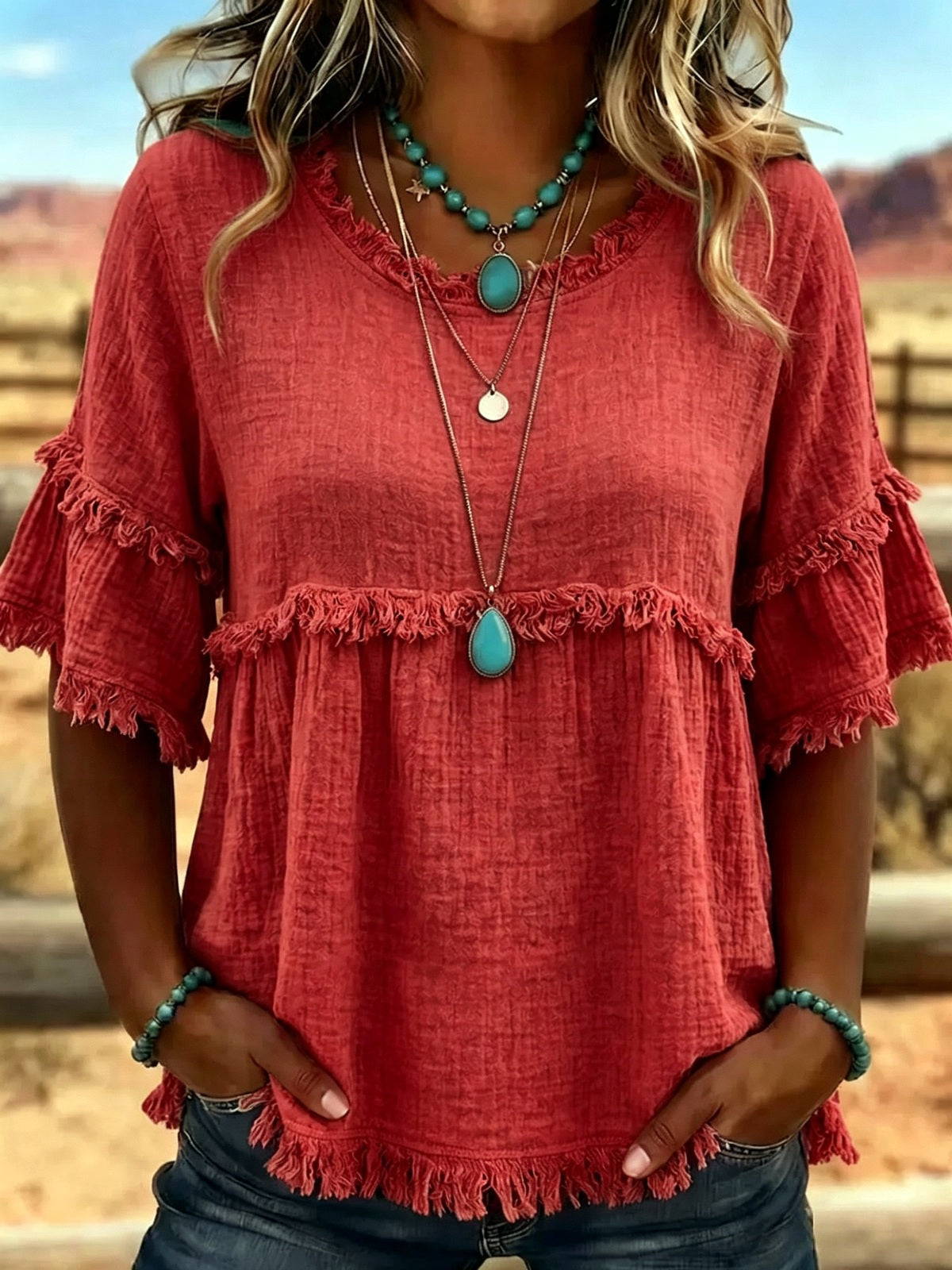 Women's Textured Fringe Short Sleeve Top, Round Neck Casual Summer Blouse