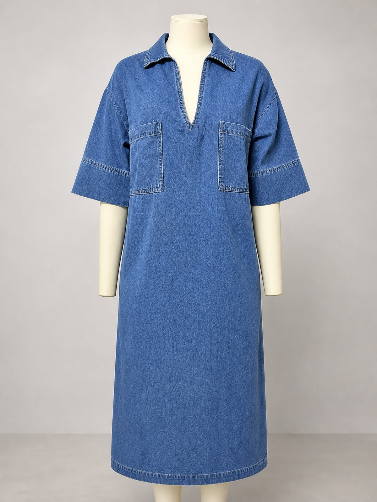 Women's V Neck Denim Midi Dress, Washed Short Sleeve Loose Jean Dress with Casual Relaxed Fit