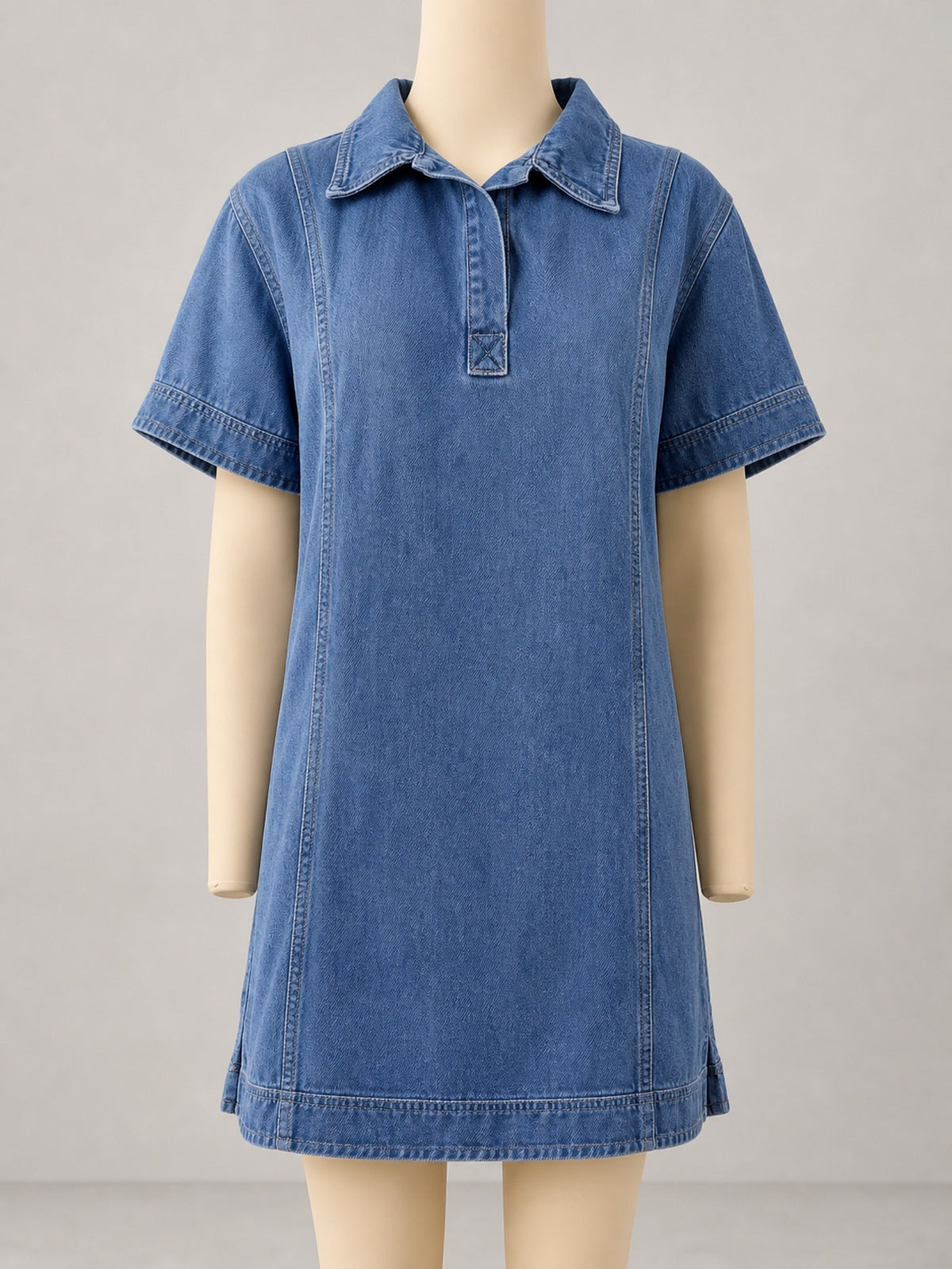 Women's Short Sleeve Denim Shirt Dress, Loose Straight Jean Dress with Collared Button Front