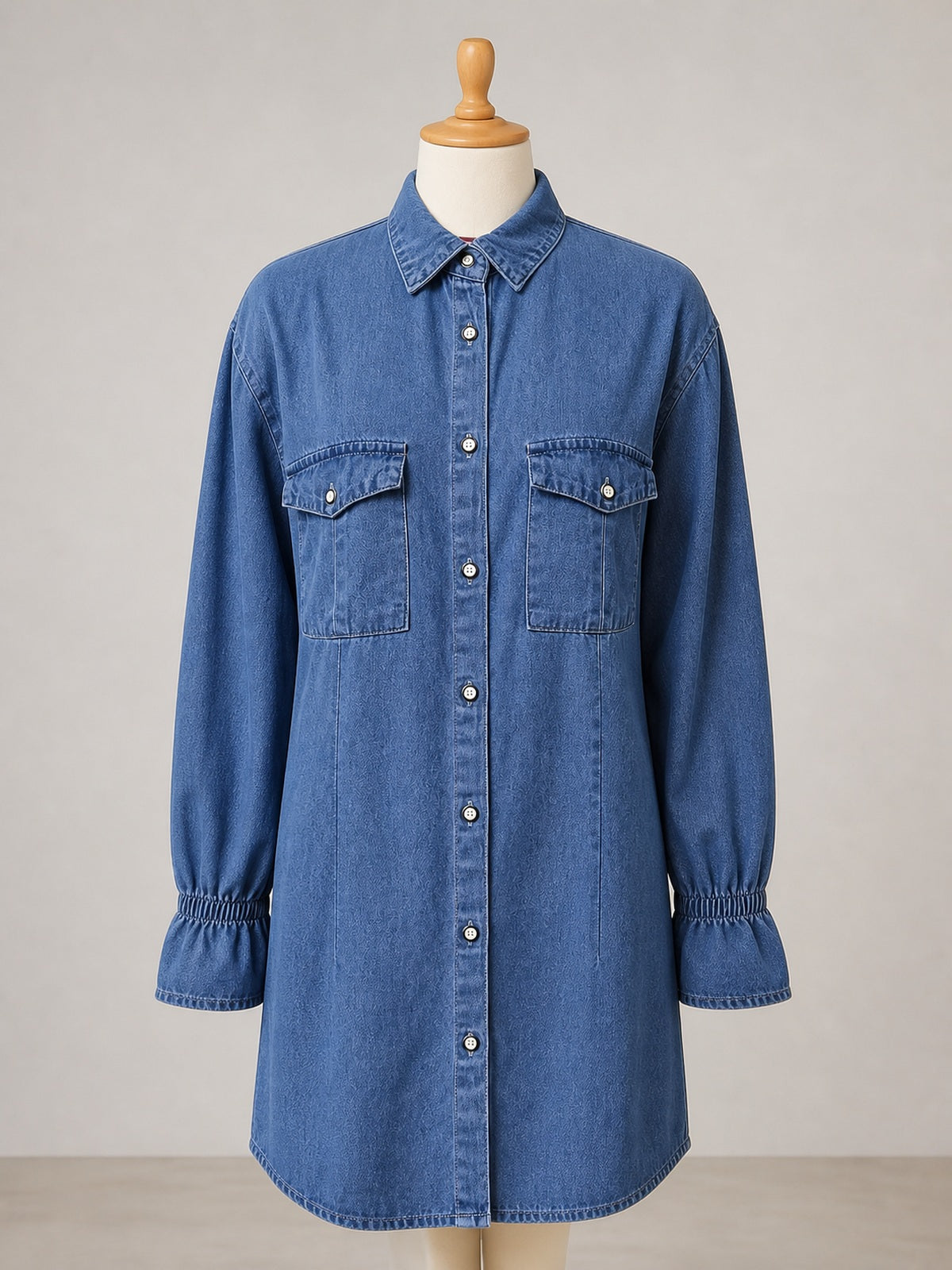 Women's Washed Denim Shirt Dress, Long Sleeve Loose Button Front Jean Tunic Dress with Pockets