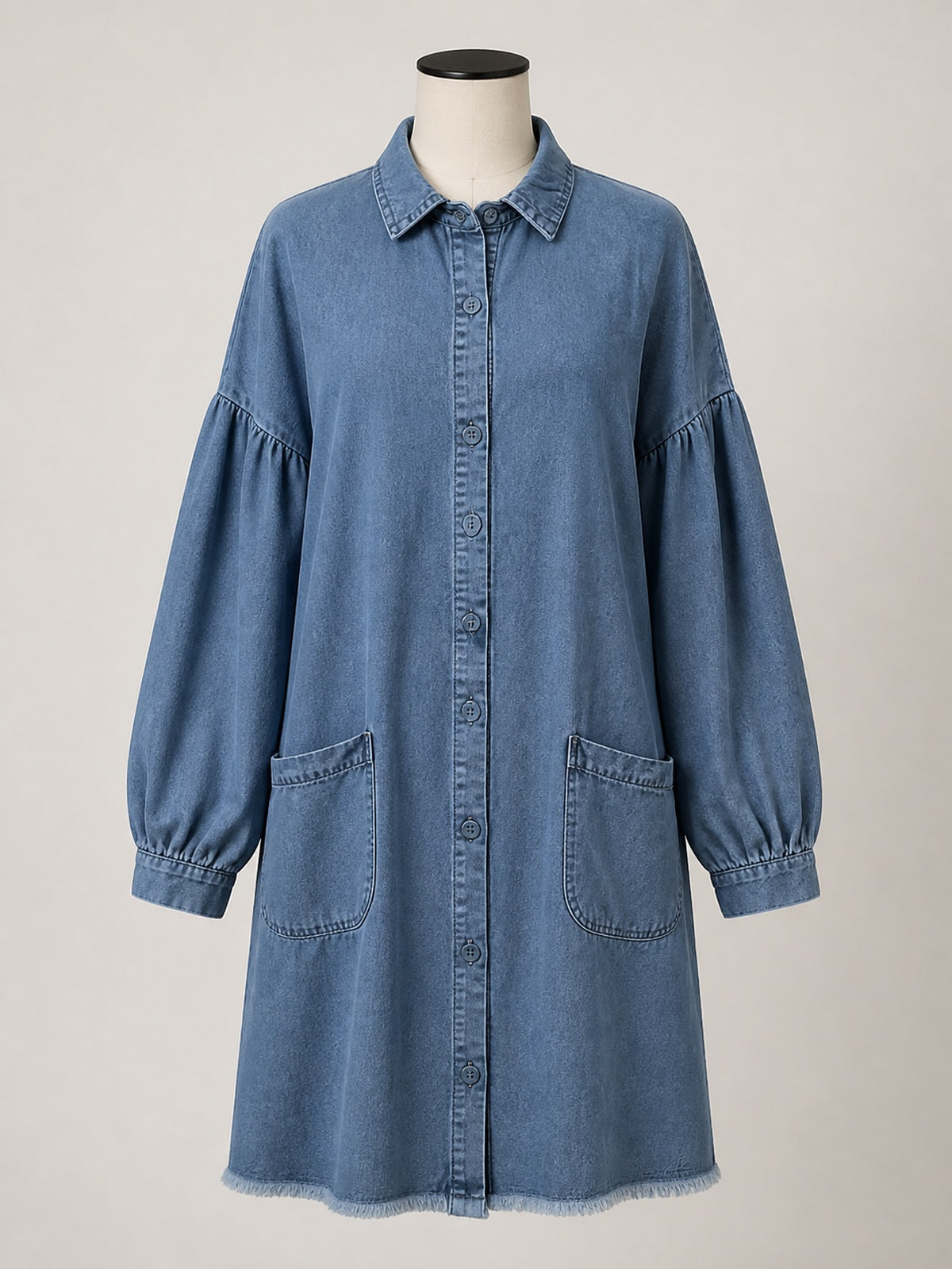 Women's Washed Denim Shirt Dress, Long Sleeve Button Front Loose Midi Dress with Lantern Sleeves
