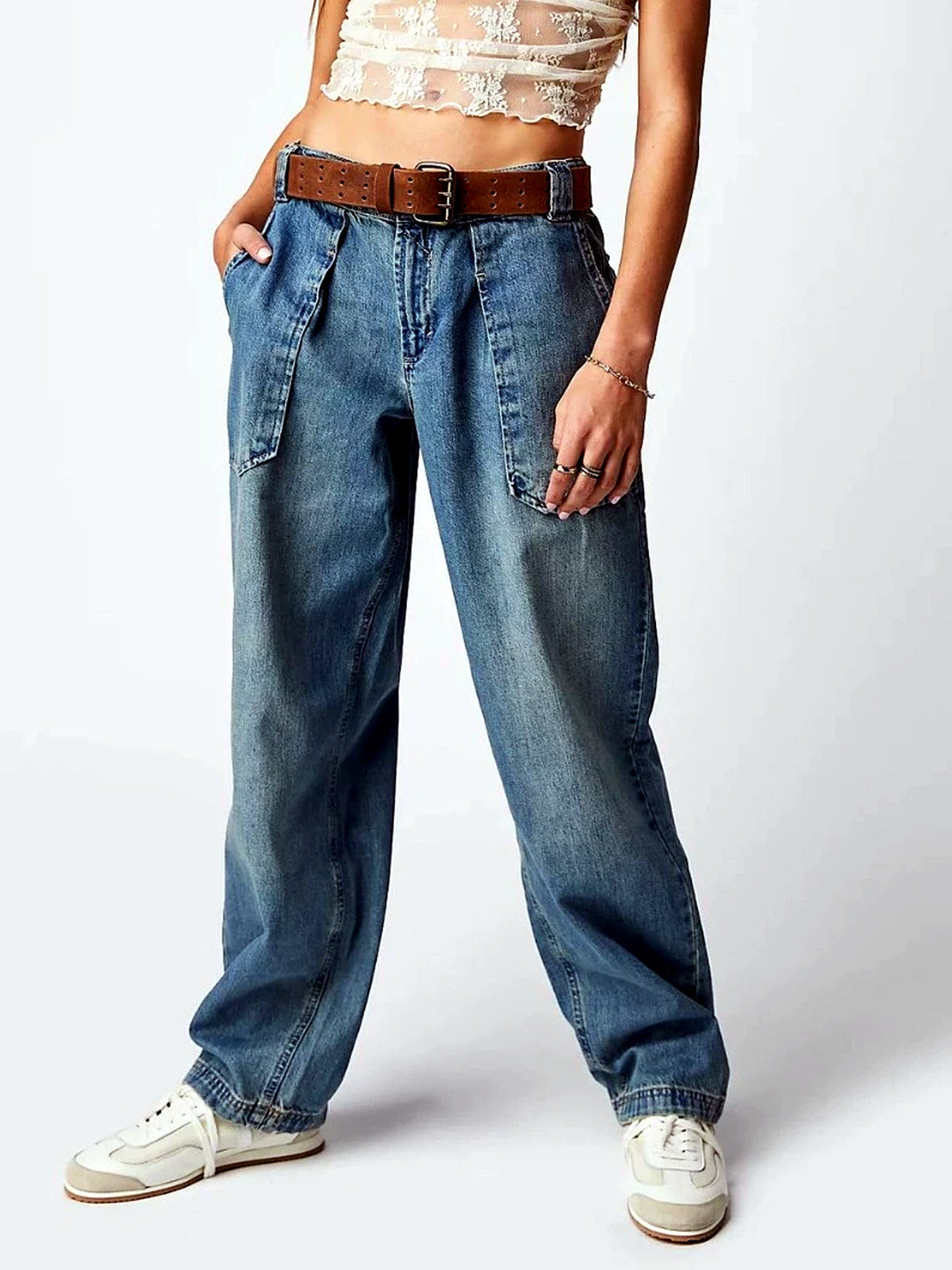 Women's Washed Denim Solid-Color Relaxed-Fit Slim-Fit Mid-Rise Jeans - product detail view 8