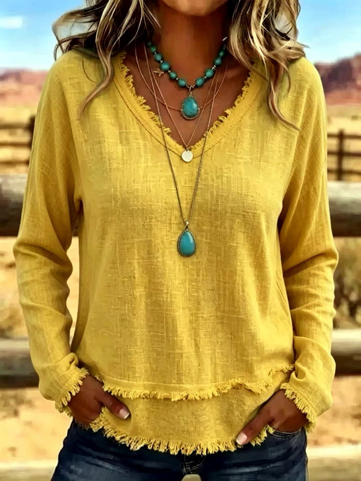 Women's Solid-Color V-Neck Relaxed-Fit Long-Sleeve T-Shirt in Yellow - product view