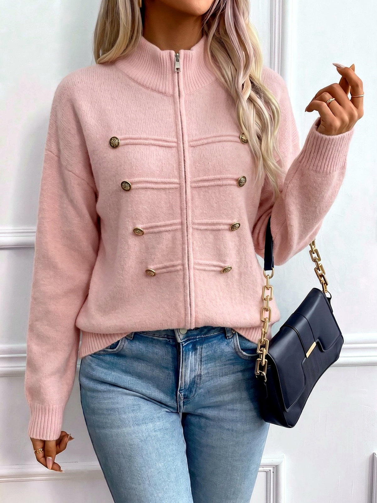 Women's Knit Stand-Collar Zip-Front Cardigan in Pink - product view