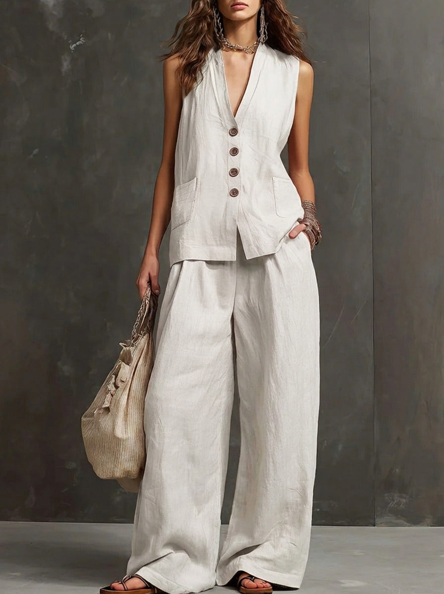Chic Cotton Linen Blend 2-Piece Set - Sleeveless Button-Down Vest & High-Waist Wide Leg Pants Lounge Set