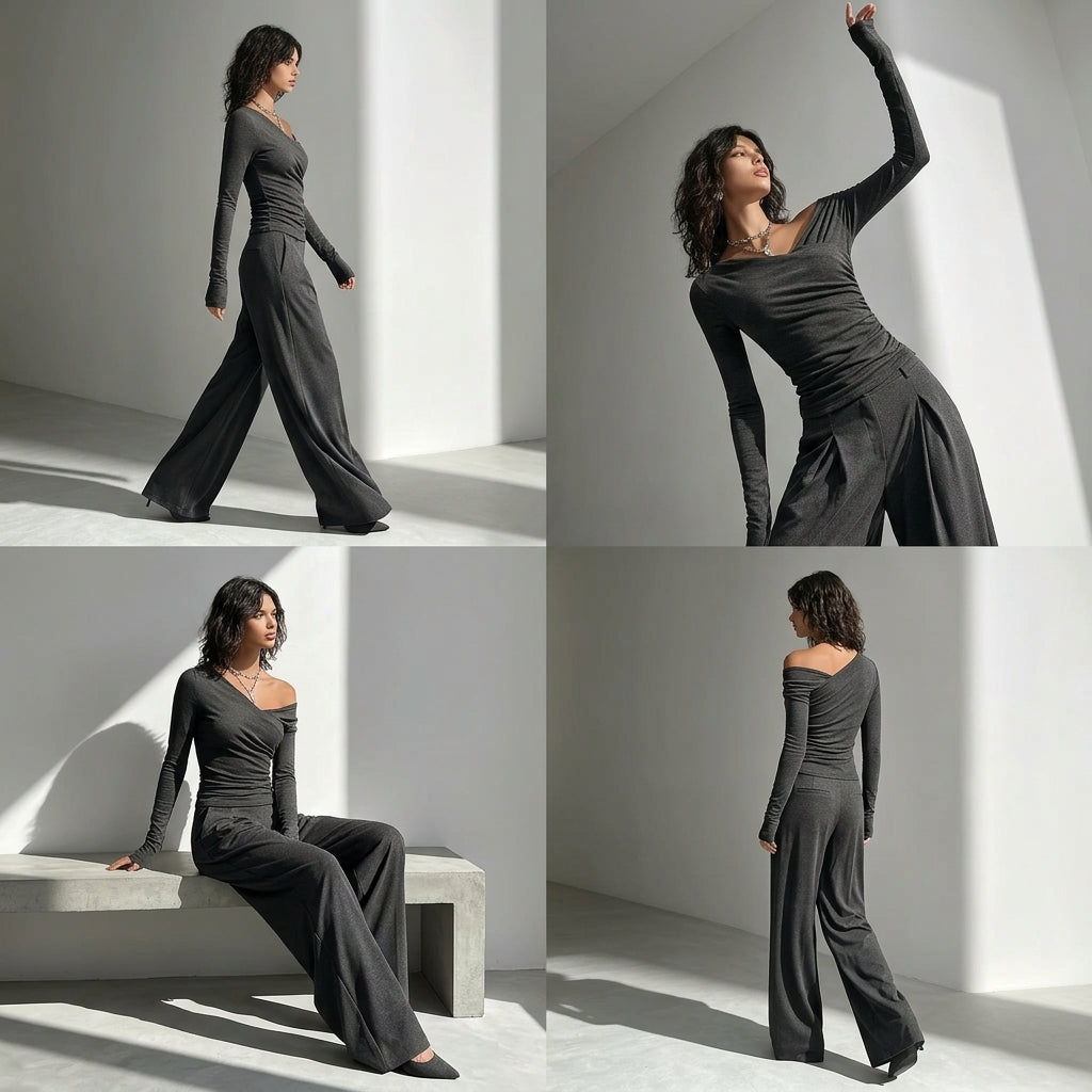 Avant-Garde Asymmetric Knit Set | Ruched Off-Shoulder Top & Pleated Wide-Leg Pants sets