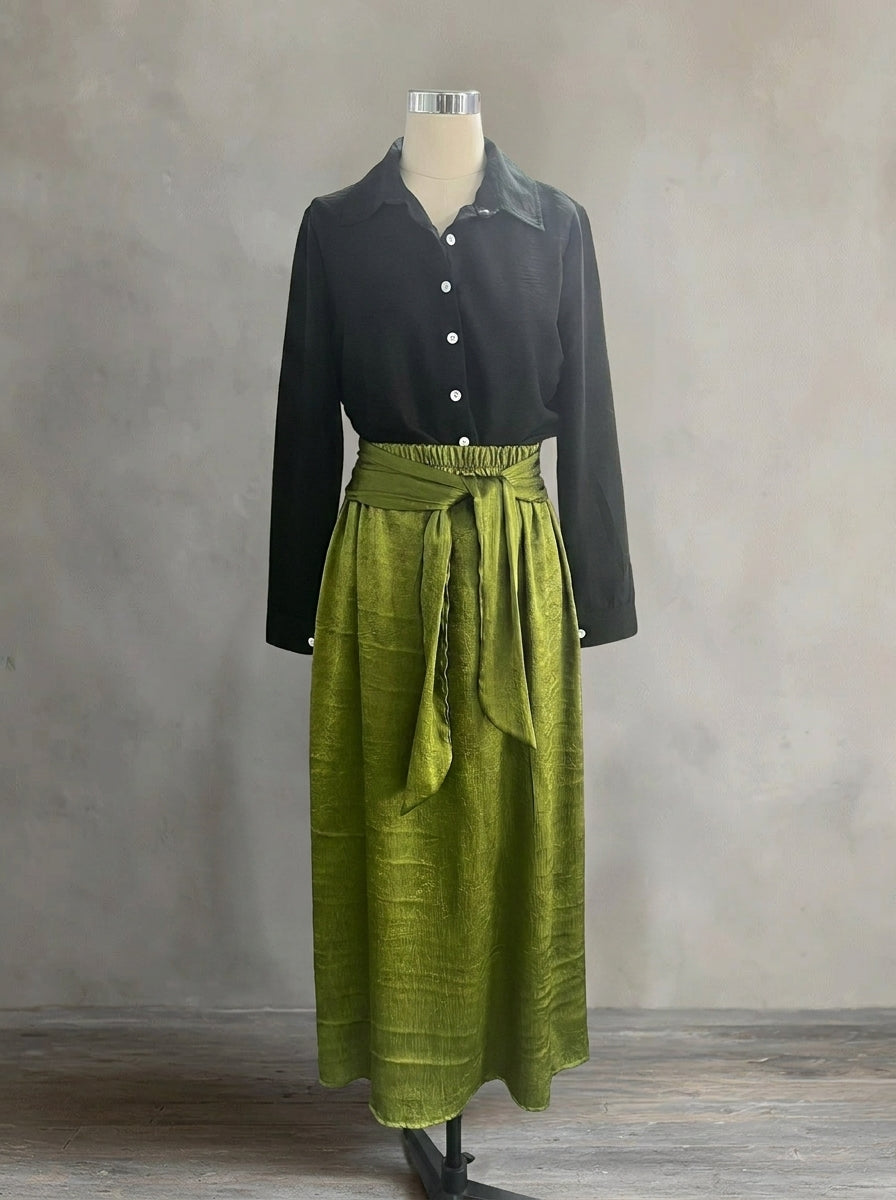 Elegant Colorblock 2-Piece Resort Set - Button-Down Shirt & High-Waist Tie-Wrap Maxi Skirt Set