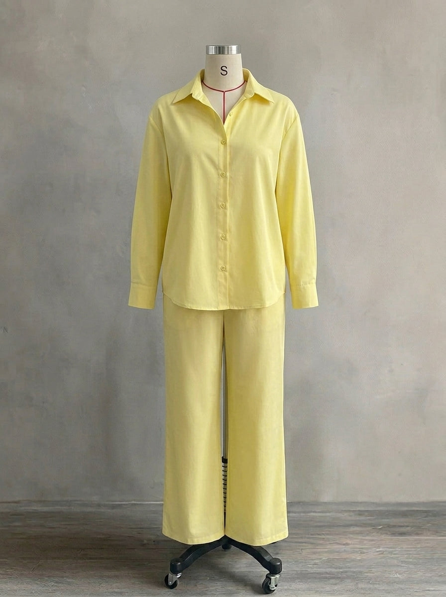 Women's Linen-Look 2-Piece Lounge Set | Casual Long Sleeve Button Shirt & Wide Leg Pants Suit