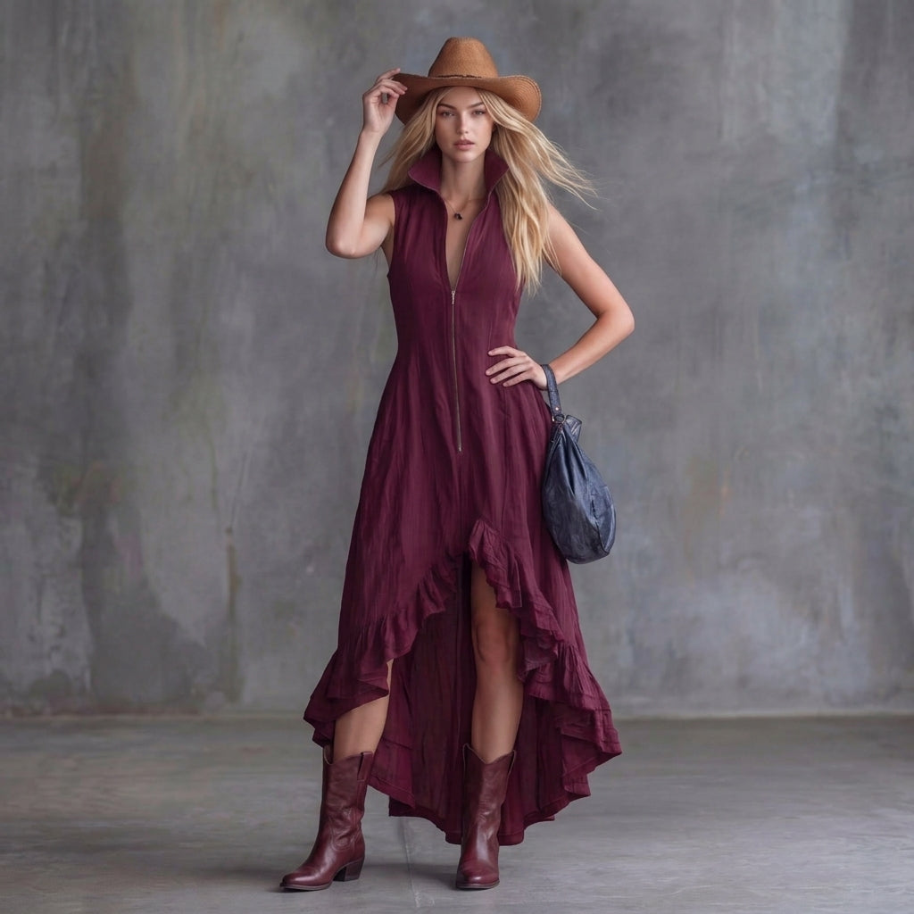 Women's High-Low Ruffle Maxi Dress - Zipper Front Collared Sleeveless Dress