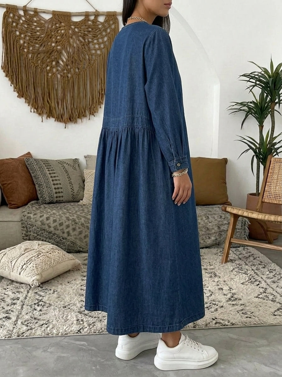 Vintage Oversized Denim Dress for Women - Cozy A-Line Long Sleeve Midi Dress