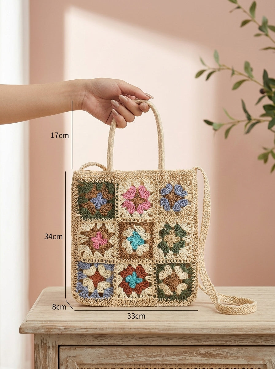 Bohemian Granny Square Crochet Tote Bag - Handmade Recycled Paper Straw Shoulder Purse & Crossbody Bag
