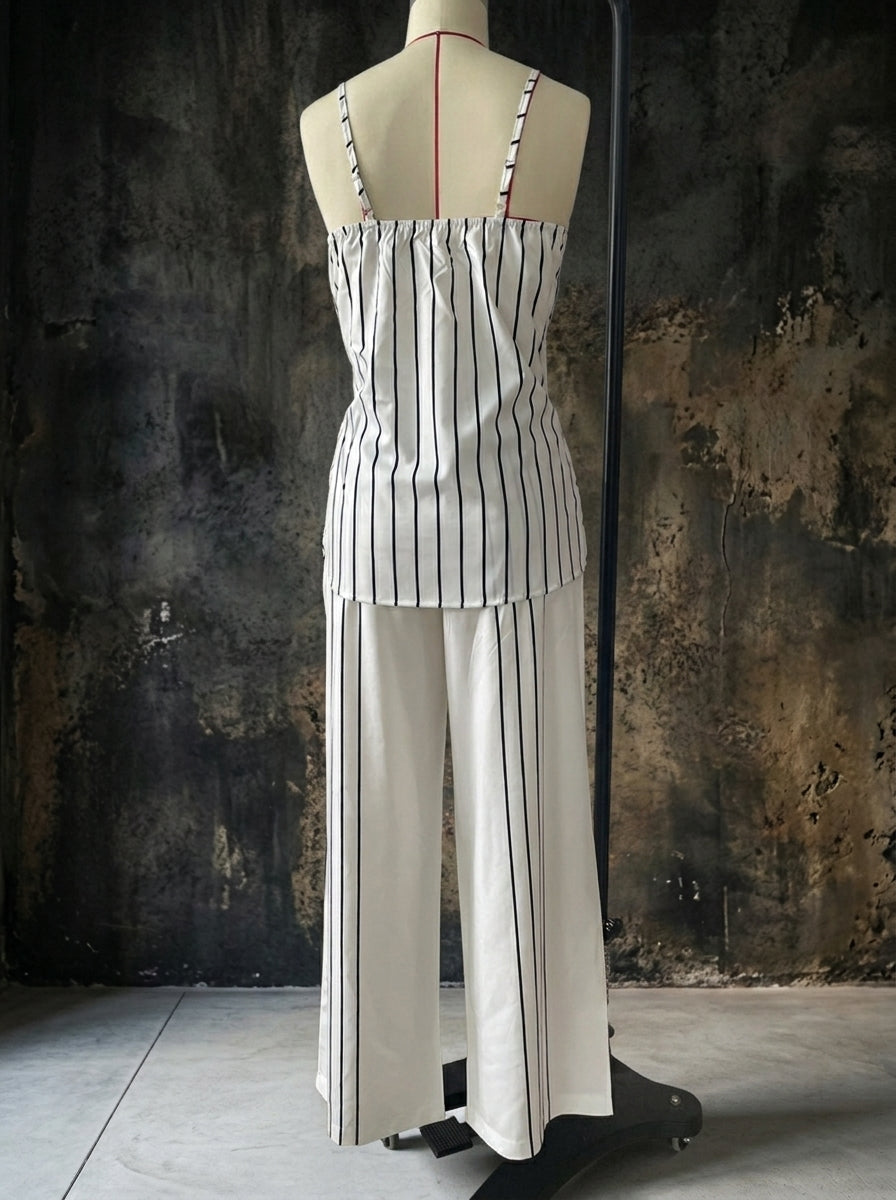 Vintage Striped 2-Piece Resort Set - V-Neck Crossover Camisole & High-Waist Wide Leg Pants Set