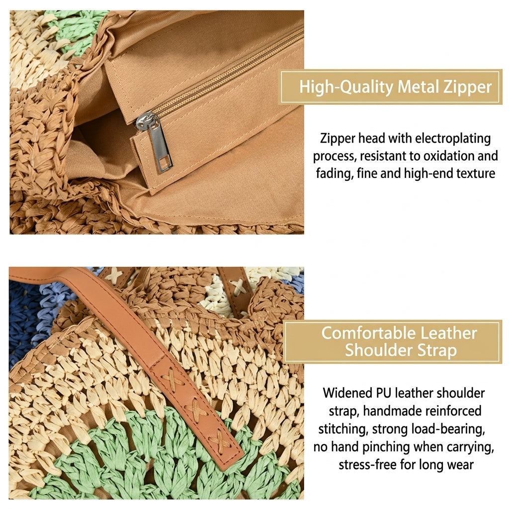 Bohemian Evil Eye Woven Straw Tote Bag - Large Capacity Retro Beach Shoulder Purse for Women