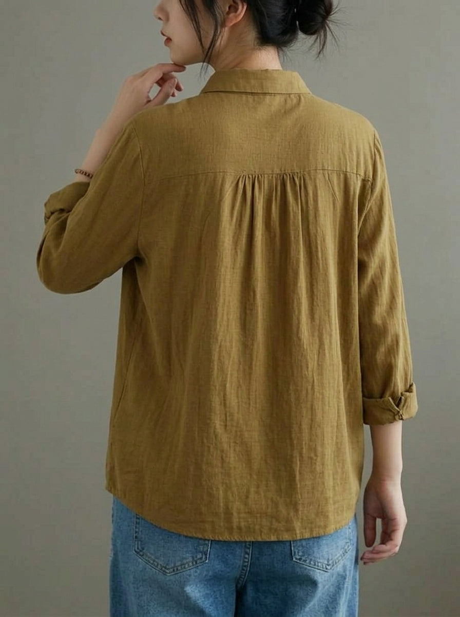 Vintage Pleated Lace Trim Cotton Linen Long Sleeve Blouse