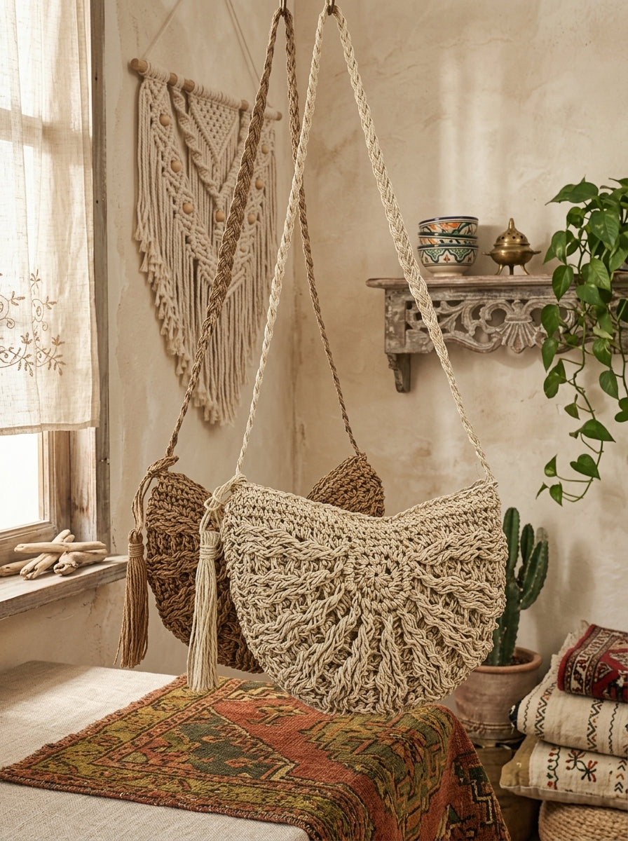 Bohemian Crochet Half-Moon Crossbody Bag - Vintage Woven Mesh Straw & Yarn Beach Purse with Tassels