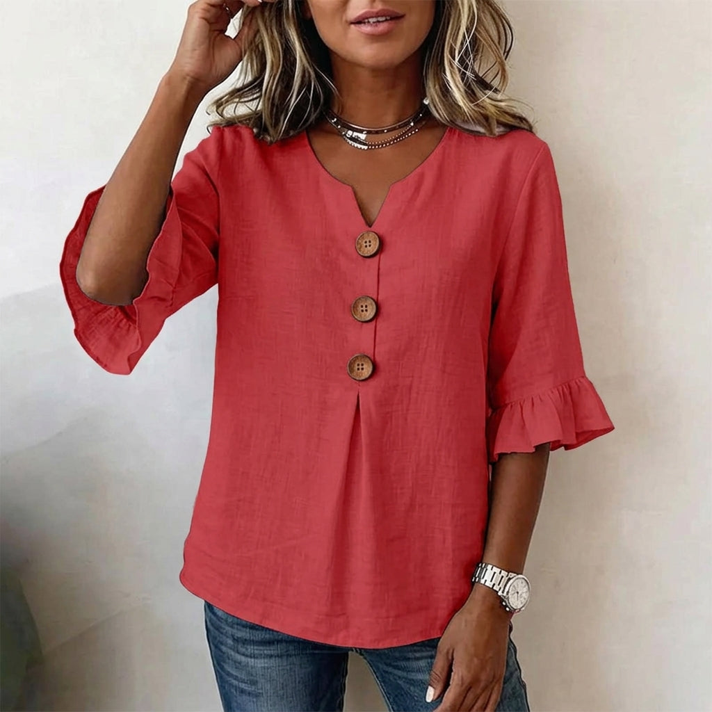Casual 3/4 Sleeve Cotton Linen Shirt | Boho V-Neck Tunic with Wood Buttons