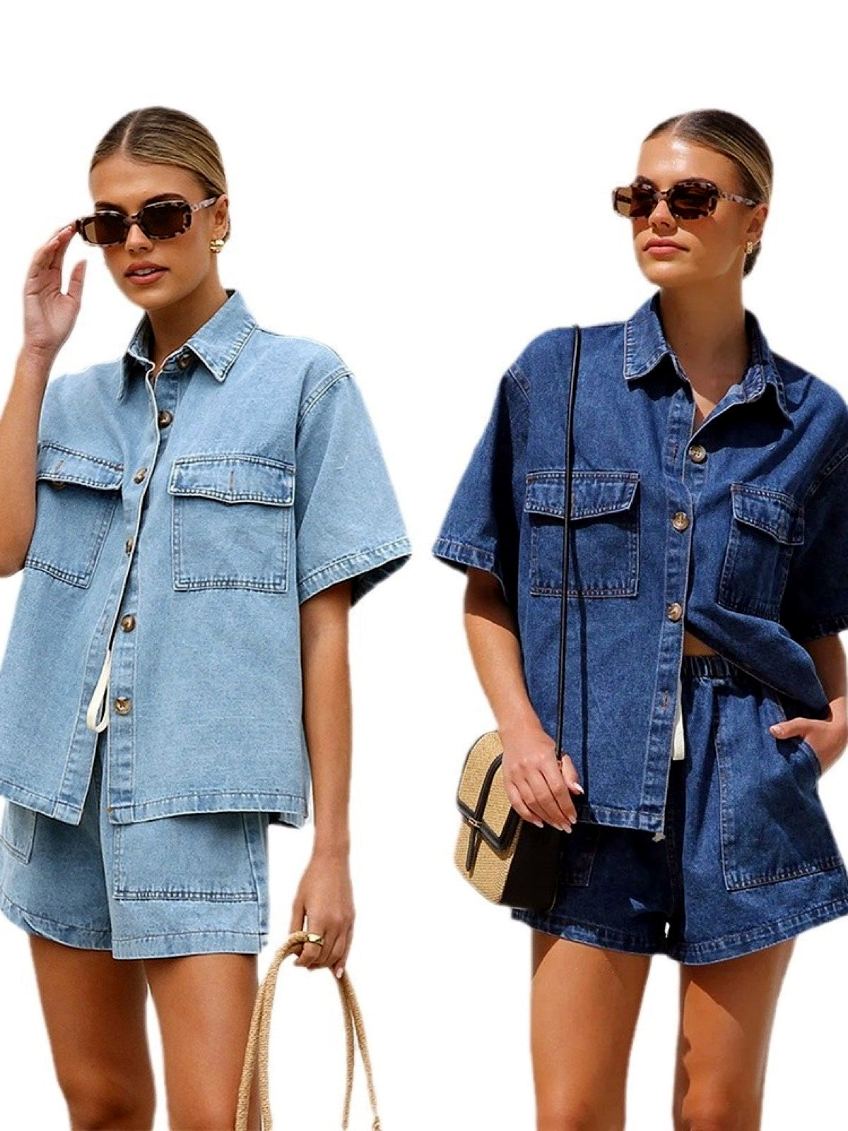 Women's Relaxed Short Sleeve Button-Up Shirt & Drawstring Shorts Two-Piece Set - product detail view 8