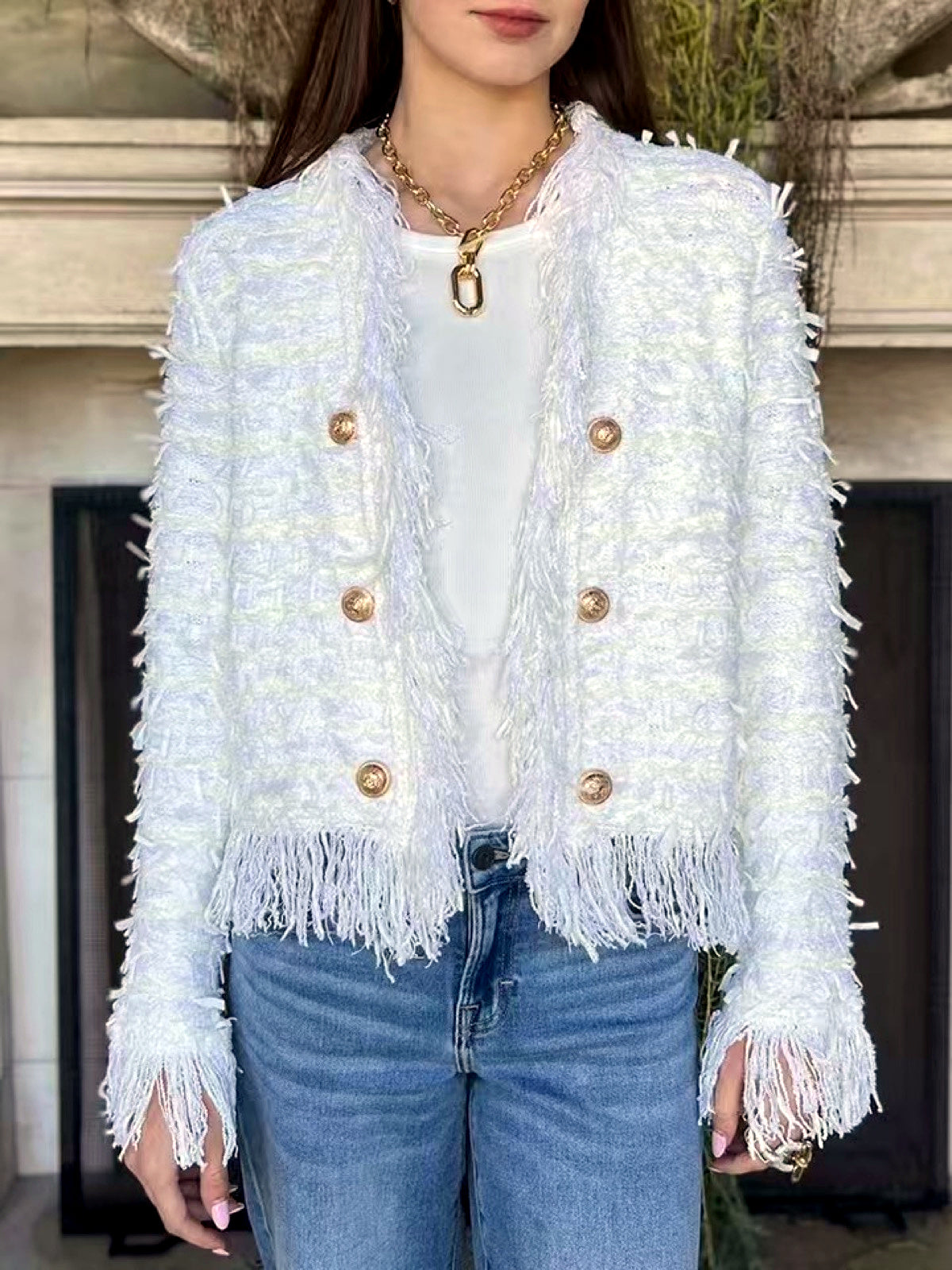 Tweed-Texture Fringe-Trim Cropped Blazer - product detail view 7