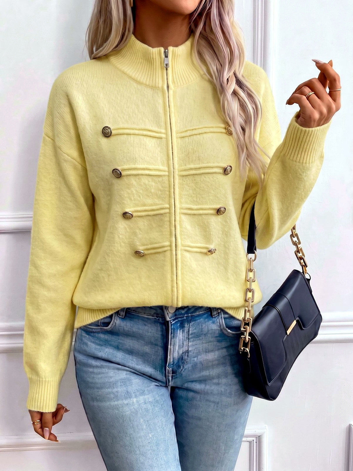 Women's Knit Stand-Collar Zip-Front Cardigan in Yellow - product view