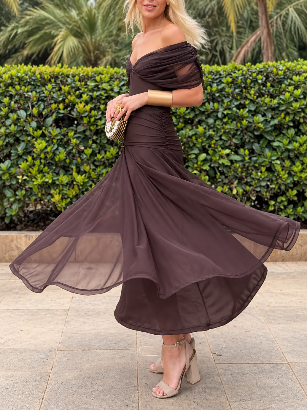 Women's Printed Solid-Color V-Neck Off-Shoulder Pullover Stretch Dress