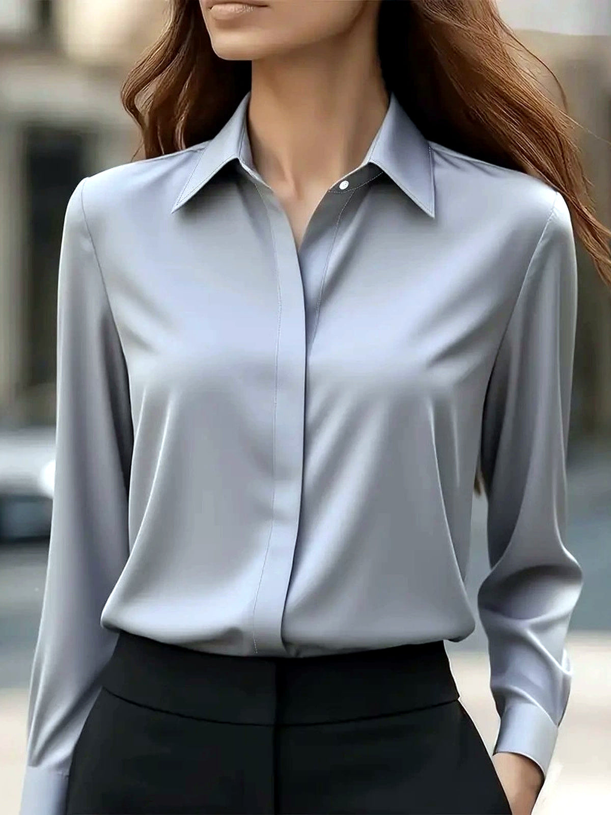 Women's Solid-Color Point-Collar Patchwork Button-Front Shirt - product detail view 4