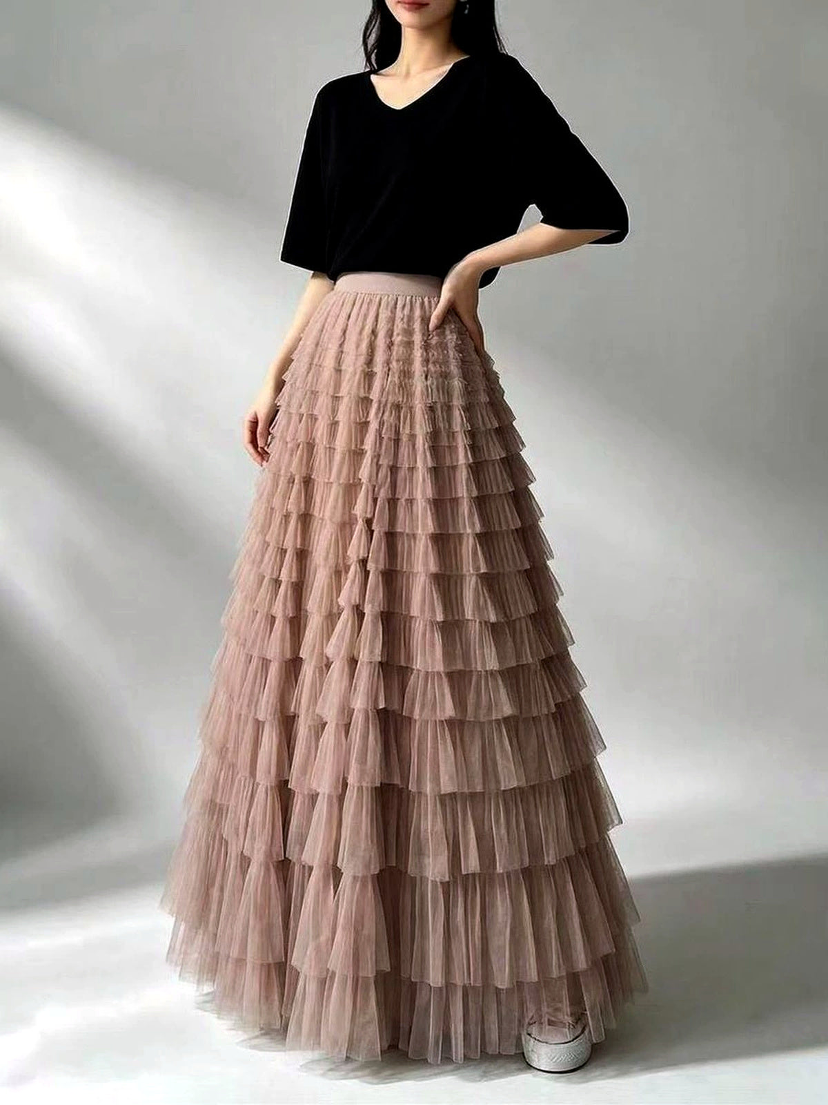 Women's Solid-Color Patchwork Longline Stretch Midi High-Waist Skirt - product detail view 1