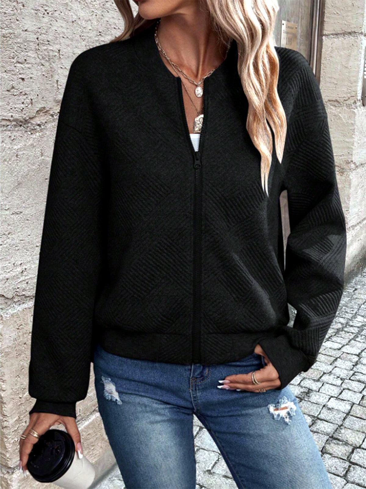 Women's Solid-Color Zip-Front Long-Sleeve Jacket - product detail view 2