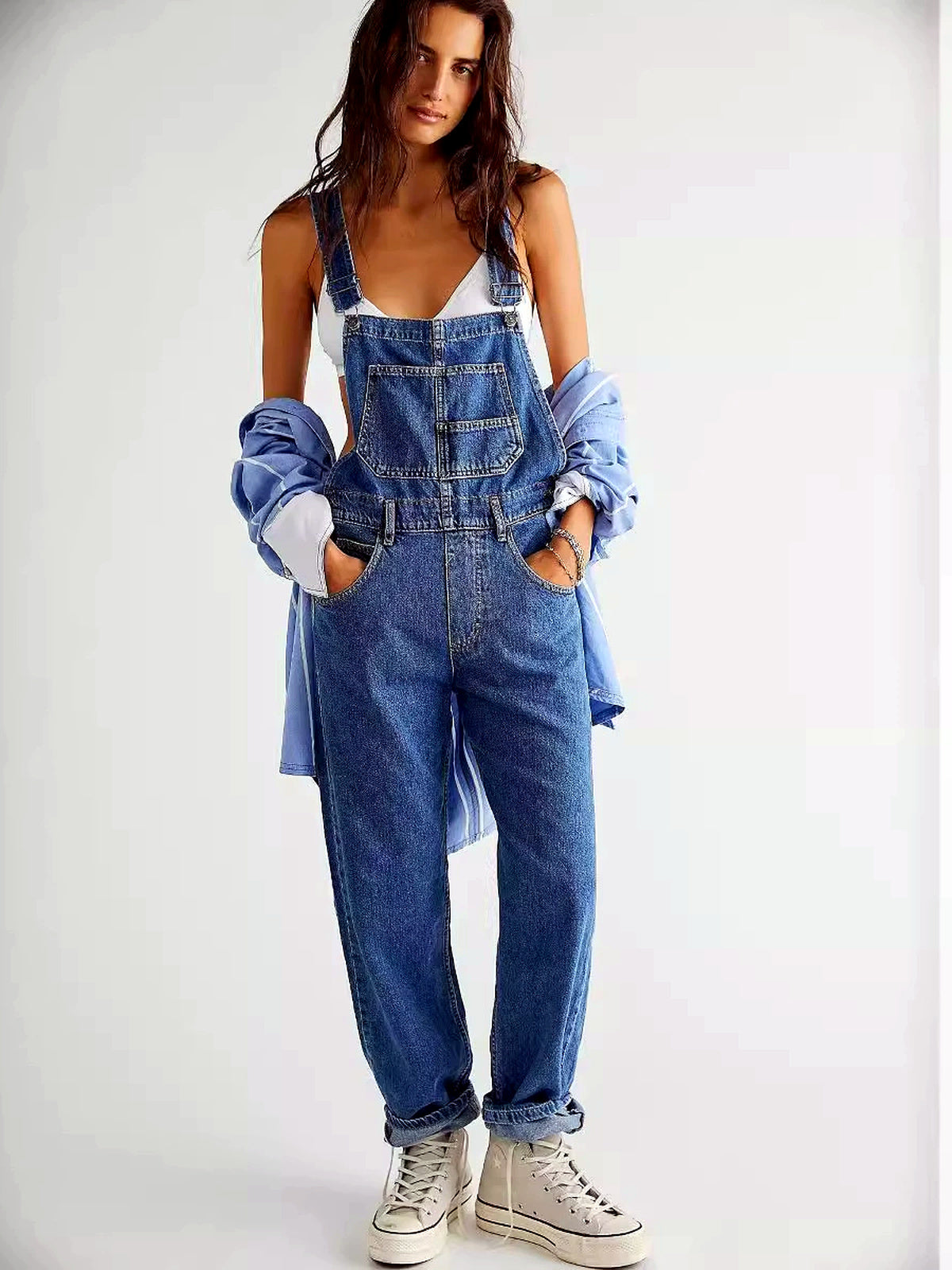 Women's Relaxed-Fit Washed Denim Bib Overalls with Utility Pocket - product detail view 10