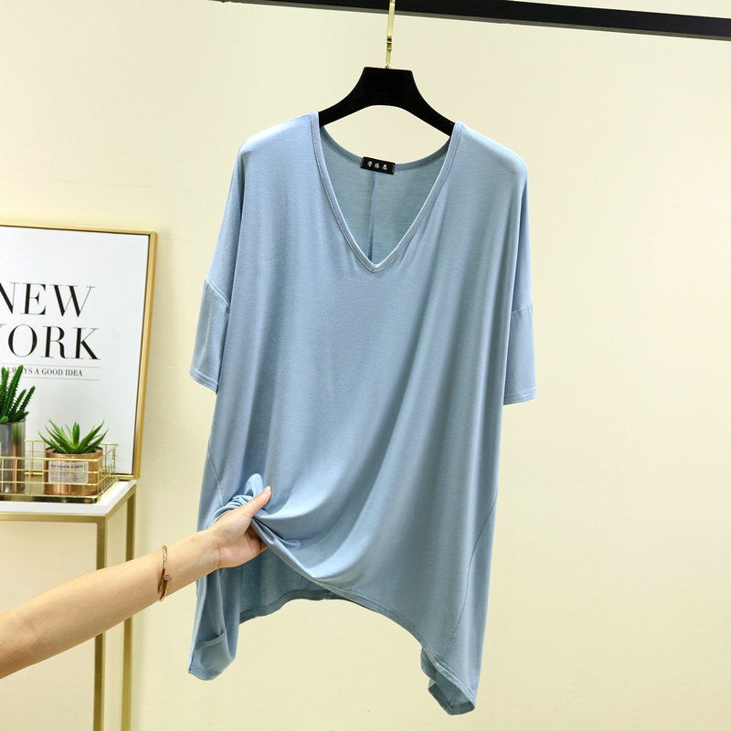 T-shirt ample en modal pour femme - Tunique décontractée à col en V profond